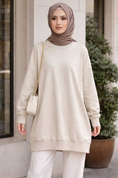 Soul Women's Organic Cotton Crew Neck Above Knee Mink Beige Tunic/Sweatshirt ...