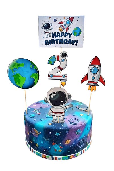 telaşe memuru Uzay Temalı Pasta Süsü ve Astronot Temalı 2 Yaş Doğum Günü Kons...