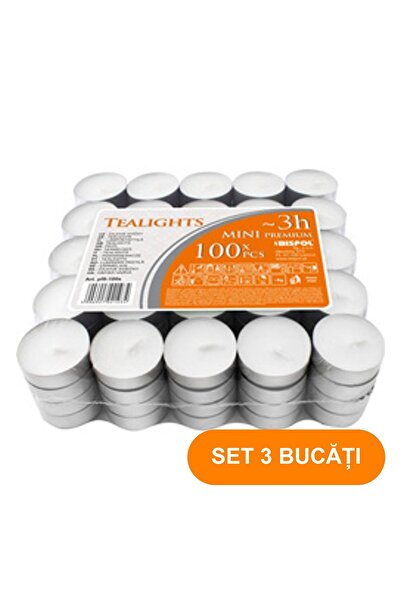 BISPOL SET 3 BUCĂȚI - Lumânări albe tip pastilă, Pachet de 100, Durată de ard...
