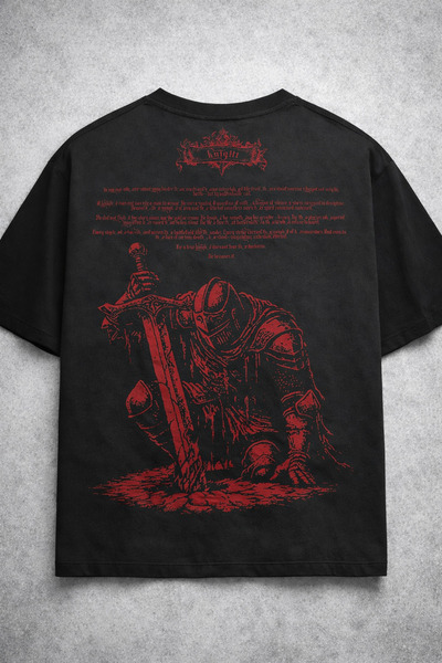 YOLO STREET Oversize Siyah Tişört Kırmızı Şövalye Baskılı %100 Pamuk Unisex S...