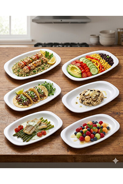 BİODATA 6 Pieces Melamine Oval Boat Plate Set - 23X15 cm - White Sauce Bowl a...