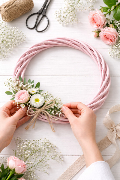 oskatekstil Dekoratif Hasır Kapı Süsü / Çelenk (Mavi & Pembe) – 25 cm