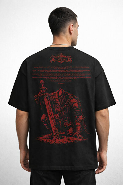 LOTS MODA Oversize Black T-Shirt Red Knight Printed 100% Cotton Unisex Street...