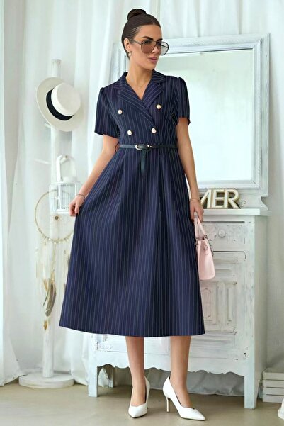 FashionForYou Mireya Office Dress, with pinstripe print and belt, Navy Blue, ...