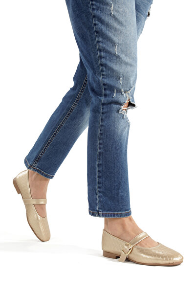 MİNNACE Gold Leather Braided Helmeted Round Toe Orthopedic Closed Ballerinas ...