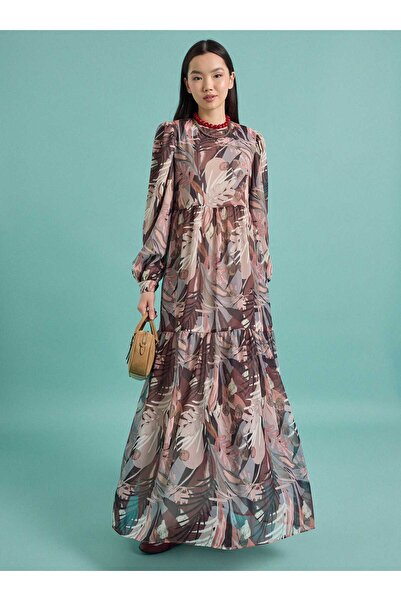 Benin Hijab Dress - Brown Leaf Pattern -