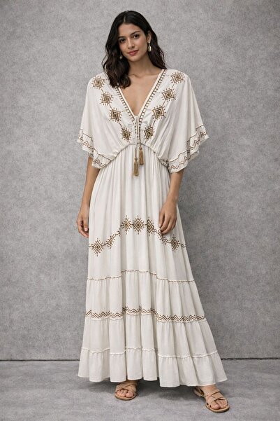 Generic Bohemian Style Maxi Dress with Short Sleeves