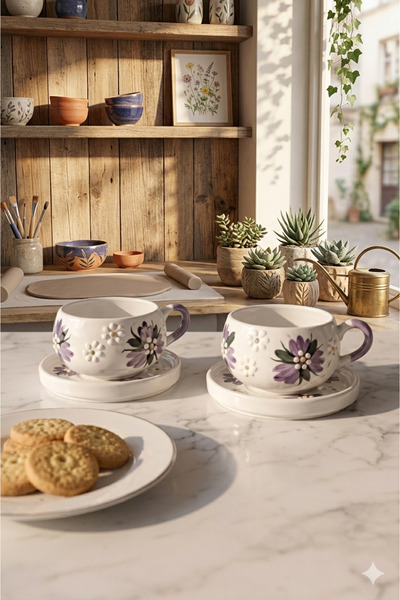 MUTLULUK KAPINDA El Yapımı Büyük Mor Papatya Desenli 4 Parça 2 Kişilik Çay Fi...