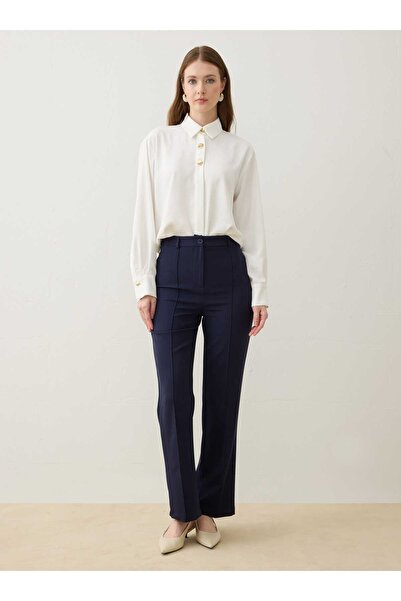 Refka Ribbed Detailed Woven Trousers - Navy Blue -