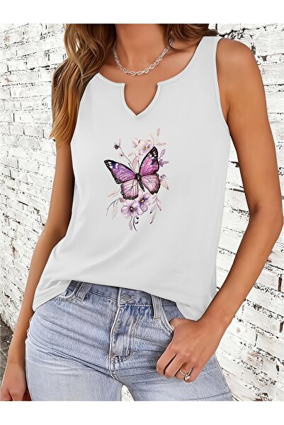 mercoledi Women's White Printed Half V-Neck Sleeveless Regular Fit Comfortabl...