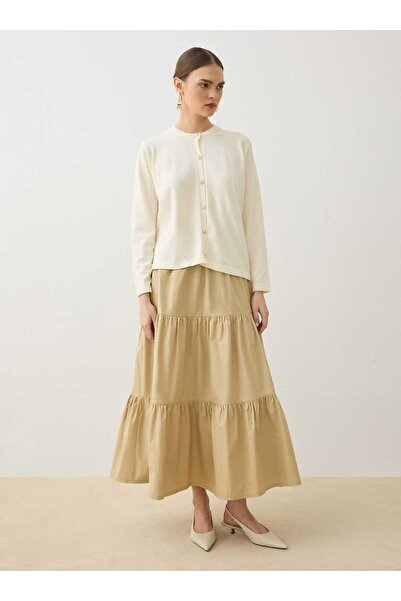 Refka Fusta de bază din poplin cu talie elastică și detaliu pliat - Bej -