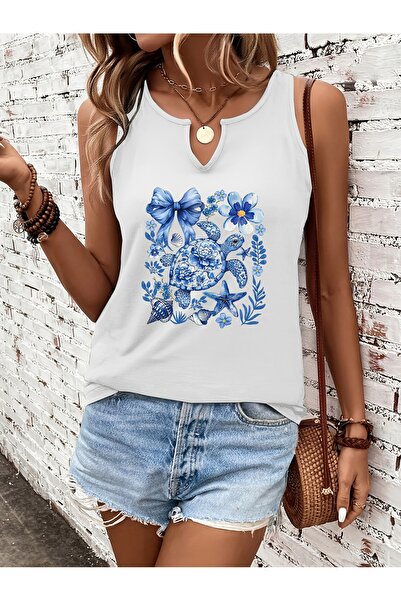 mercoledi Women's White Printed Half V-Neck Sleeveless Regular Fit Comfortabl...