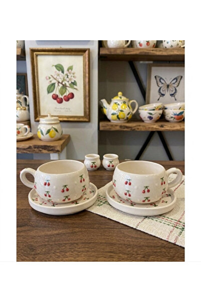 MUTLULUK KAPINDA El Yapımı Kiraz Desenli 4 Parça 2 Kişilik Çay Fincanı Takımı