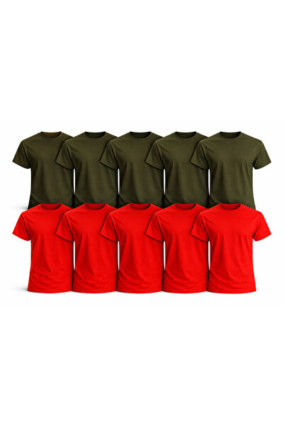 MONOTEE 100% Cotton T-Shirt, Set of 10 Khaki and Red T-Shirts for Men, Simple...