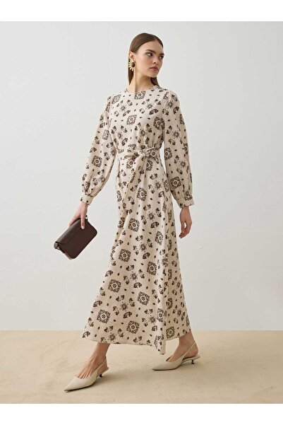 Refka Linen Blend Hijab Dress - Beige Patterned -