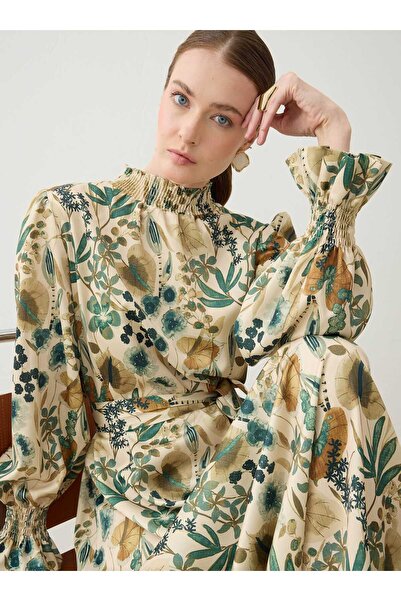 Refka Floral Patterned Dress with Gipeli Collar - Leaf Patterned -
