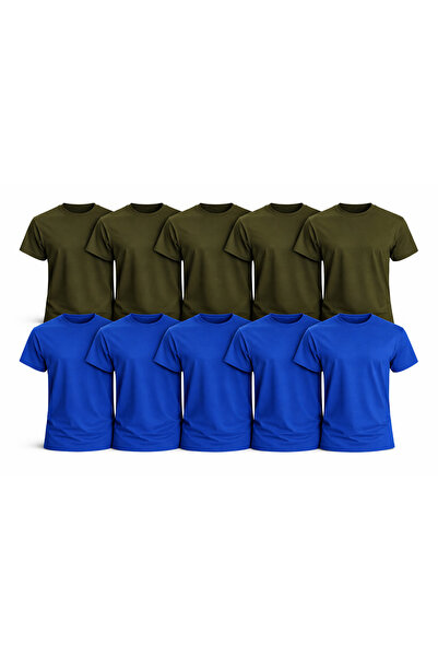 MONOTEE 100% Cotton T-Shirt, Set of 10 Khaki and Blue Men's T-Shirts, Simple ...
