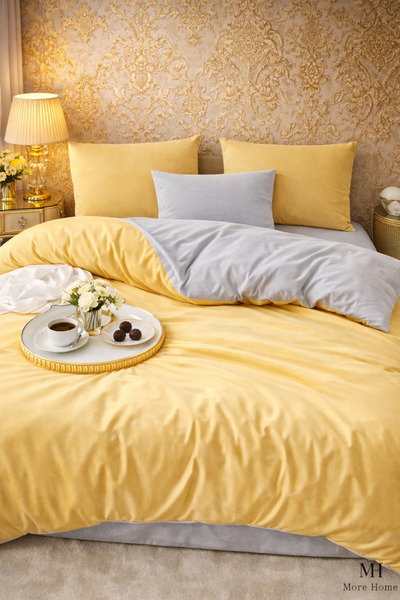 MORE HOME طقم غطاء سرير مزدوج أصفر-رمادي
