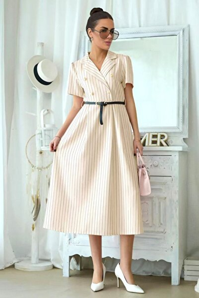 FashionForYou Mireya Office Dress, with pinstripe print and belt, Cream, Size...