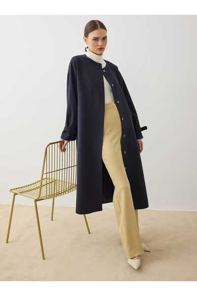 Refka Coated Button Detailed Crew Neck Basic Trench Coat - Navy Blue - - Excl...