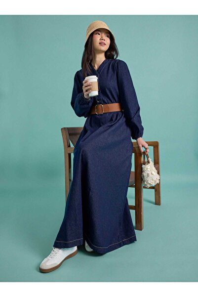 Benin Hijab Dress - Navy Blue - F1-Ub