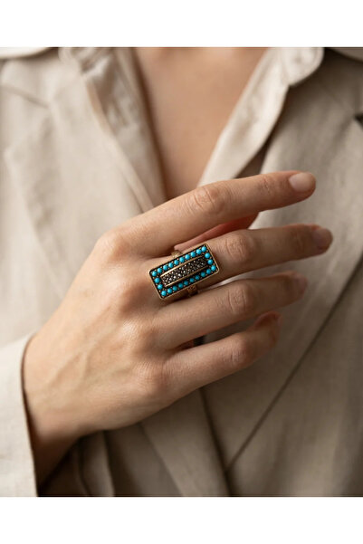 Dorvina خاتم نسائي من البرونز، مجوهرات عتيقة، مرصع بحجر الفيروز، خاتم مستطيل ...