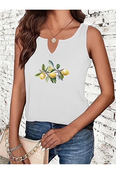 mercoledi Women's White Printed Half V-Neck Sleeveless Regular Fit Comfortabl...