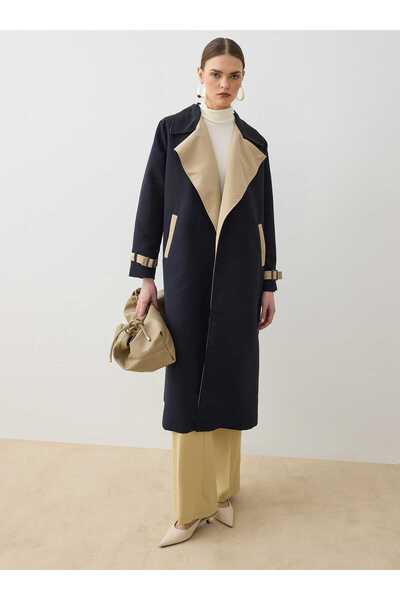 Refka Stylish Trench Coat with Contrast Color Detail - Navy Blue - Beige - - ...