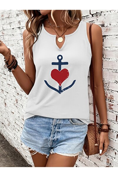 mercoledi Women's White Printed Half V-Neck Sleeveless Regular Fit Comfortabl...