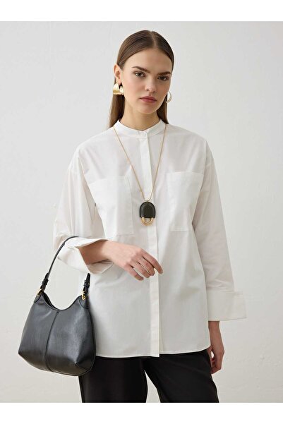 Refka Wide Cuff Poplin Tunic with Pocket Detail - White -