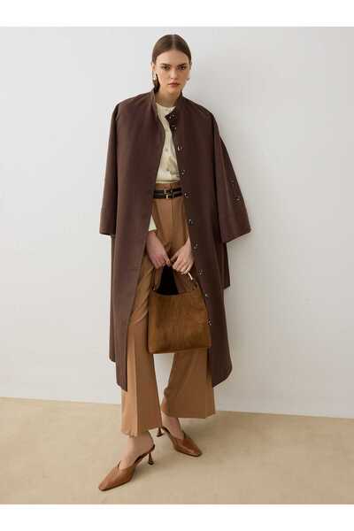 Refka Stylish Trench Coat with Wide Sleeves and Dominant Collar - Brown - - E...