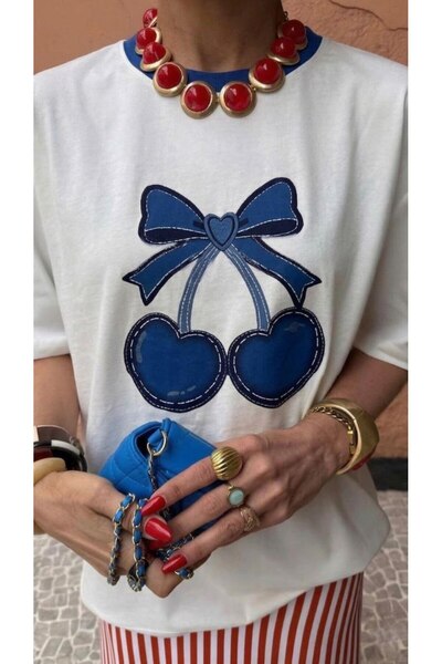 LOKADI Women's Blue Ribbed Embroidered Oversize T-Shirt with Cherry and Bow D...