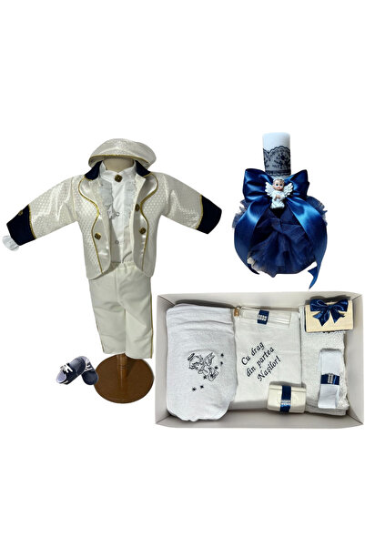 Your Baby Store Set complet botez baiat Carol – alb cu costumas, pantofi ,tru...