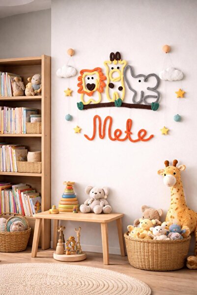 AtölyeKekik Kişiye Özel Safari Hayvanlı İsimli Cotton İp Bebek Odası Duvar Sü...