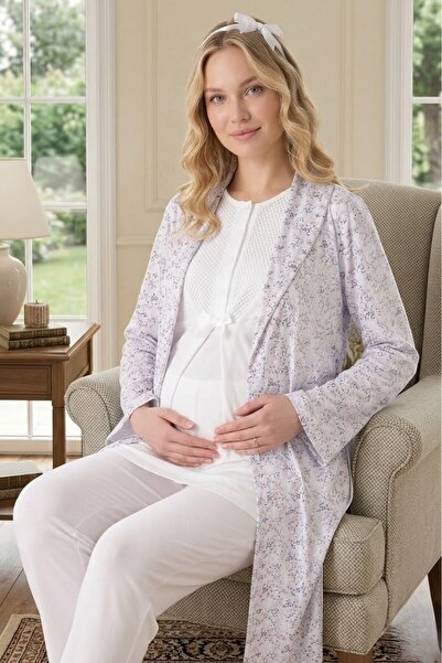Lohusa Homewear New Season Ecru Maternity Patterned Summer Shawl Collar Butto...