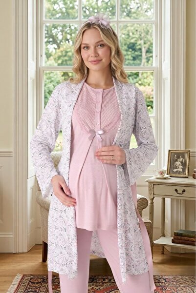 Lohusa Homewear New Season Powder Maternity Patterned Summer Shawl Collar But...