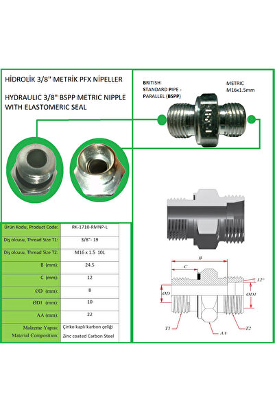 Rekorsan HİDROLİK 3/8'' BSP METRİK PFX NİPEL, HYDRAULIK 3/8" METRIC NIPPLE WI...