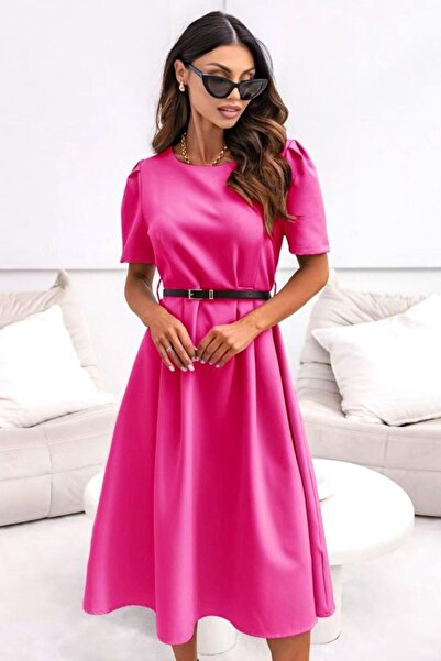 FashionForYou ZALIA Summer Dress, Puffed Cut and Thin Belt, Fuchsia Pink, Siz...