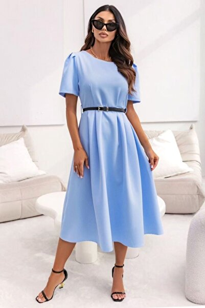 FashionForYou ZALIA Office Dress, Puffed Cut and Thin Belt, Baby Blue, Size S/M