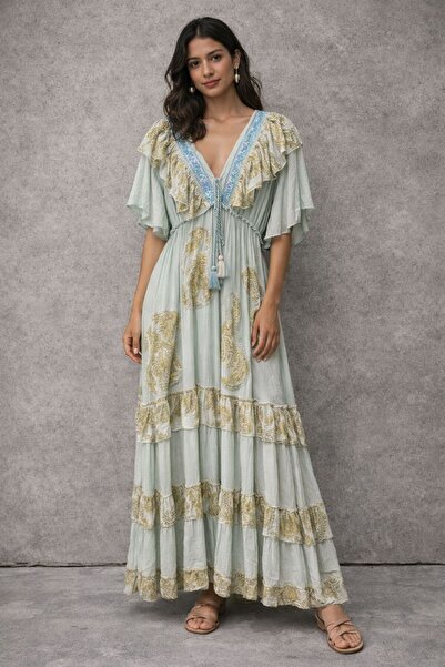 Generic Bohemian Style Maxi Dress with Short Sleeves and Embroidery