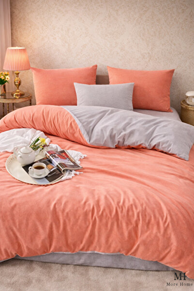 MORE HOME Elastic Sheet Duvet Cover Set Single Size Salmon-Grey