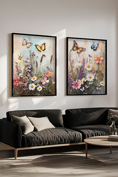 STARYUNA Black Wooden Framed Flower and Butterfly Themed Double Painting Set ...
