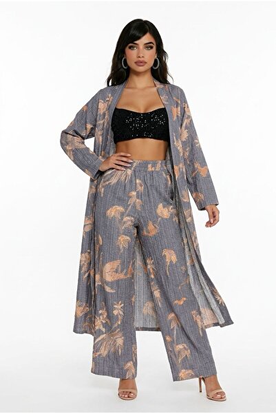 Bynkcl Women's Patterned Kimono Shirt Pants Set Trendy Bottom Top Set