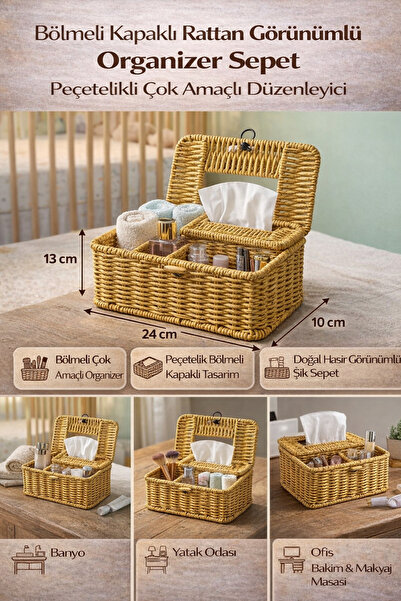 Hane Dostu Bölmeli Kapaklı Rattan Hasır Görünümlü Organizer Sepet Peçetelikli...