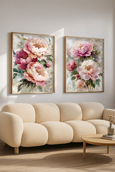 STARYUNA Wooden Framed Peony Flower Themed Double Painting Set Yuna669