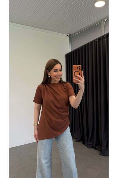 elif teke Asymmetrical Cut Modal Draped Blouse Brown