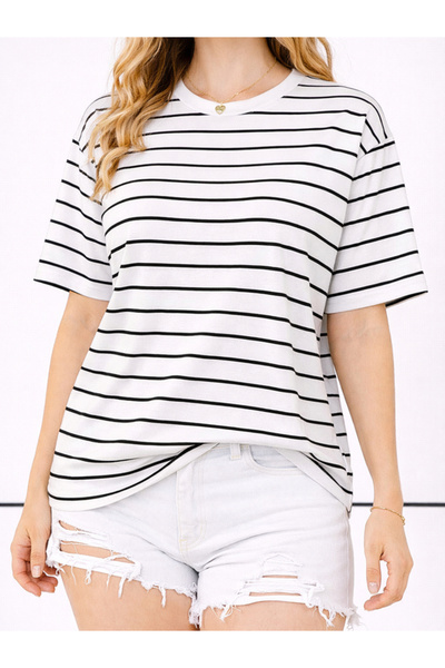 EXPECTED Women's Striped Berfin Fabric Oversize T-Shirt Short Sleeve Summer 1...