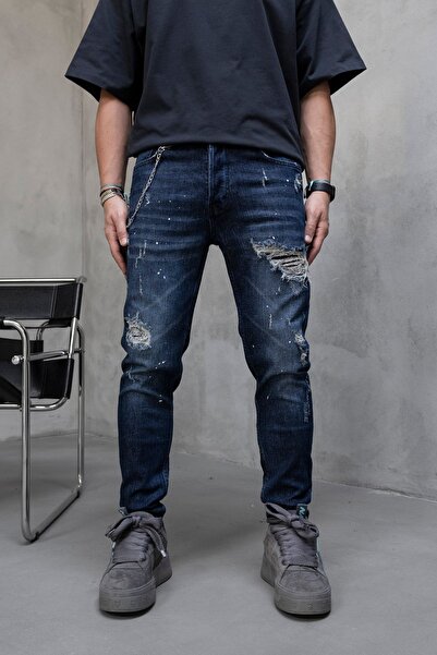 MODINI Slim fit jeans with chain, rips and splash effect (6868)