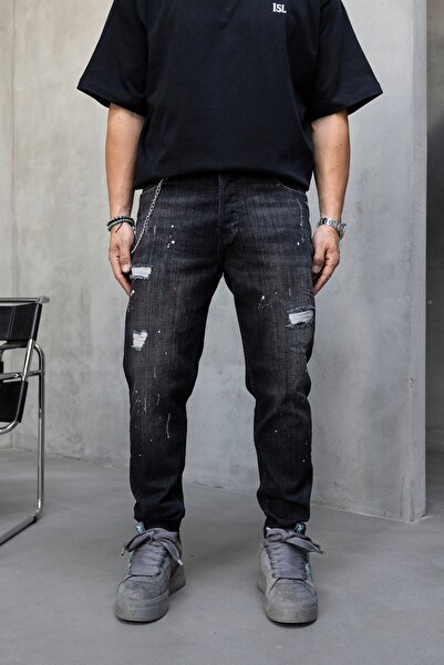MODINI Slim fit jeans with chain, rips and splash effect (6870)