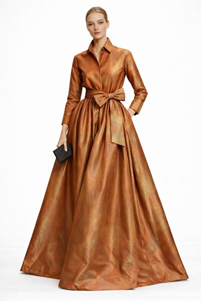 UNTIMELY Girdle Detailed Maxi Stylish Taffeta Shirt Dress